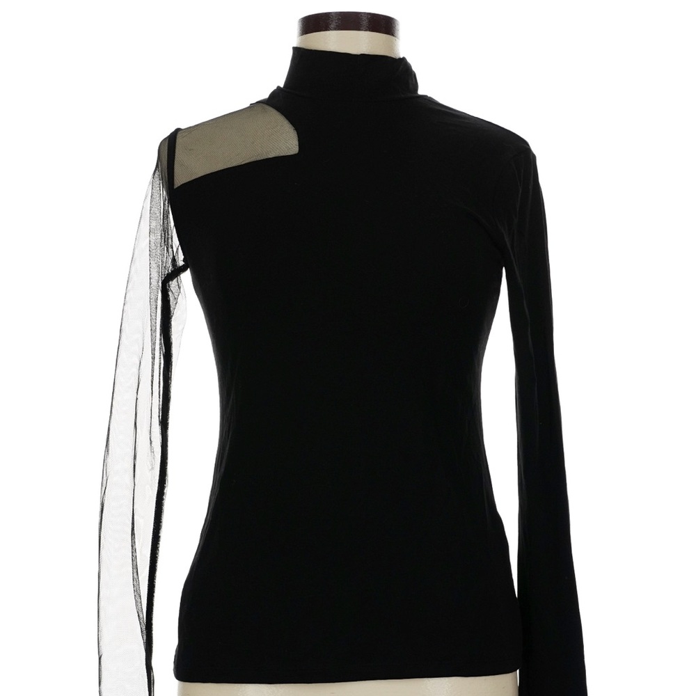 Marcella NYC Ysabel Chic Black Asymmetrical Sheer Sleeve Blouse M